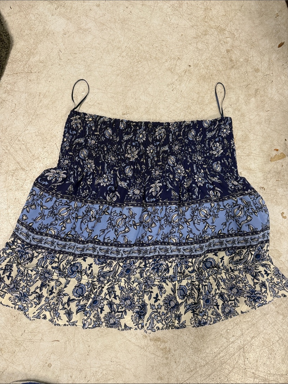 Smocked Floral Tiered Mini Skirt Bohemian Navy Print - Blue AQUA - Size Medium